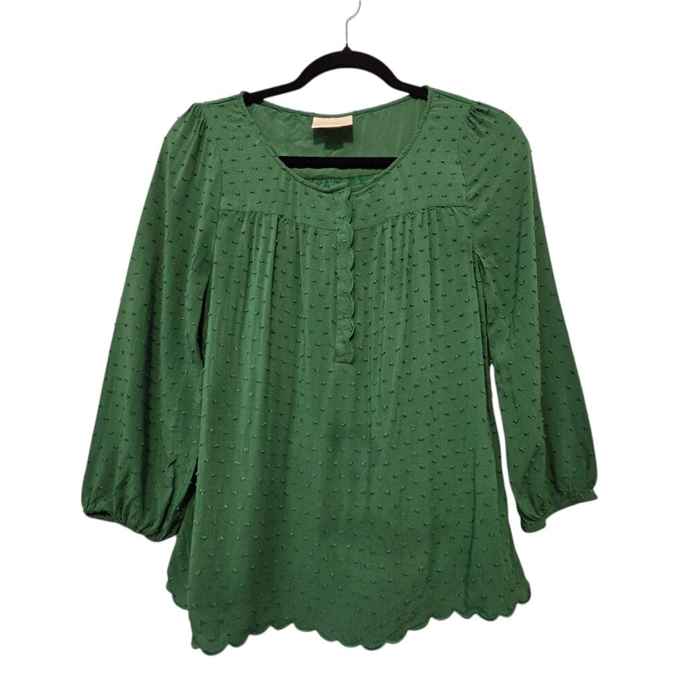 Maeve Anthropologie Clip Dot Scallop Hem Blouse Sz 6‎ Green Boho Cottage Peasant